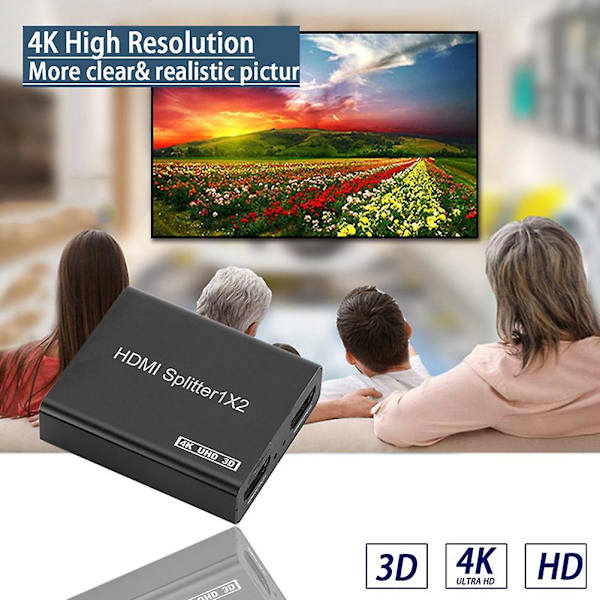 -Kompatibel Splitter 1 ind 2 ud 4K Splitter Display Duplikat/Spejl til Full HD 4K 30HZ 1080P 3D S
