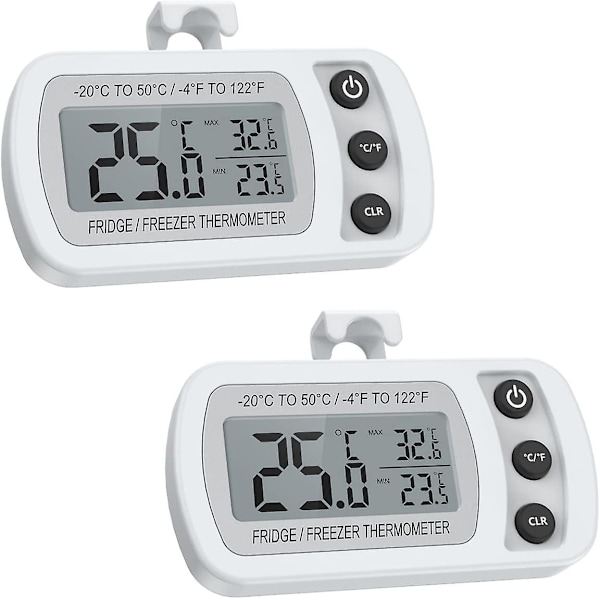 2-pack kylskåpstermometer, digital frys/kyltermometer med krok - Lättläst LCD-display, max/min-funktion vit