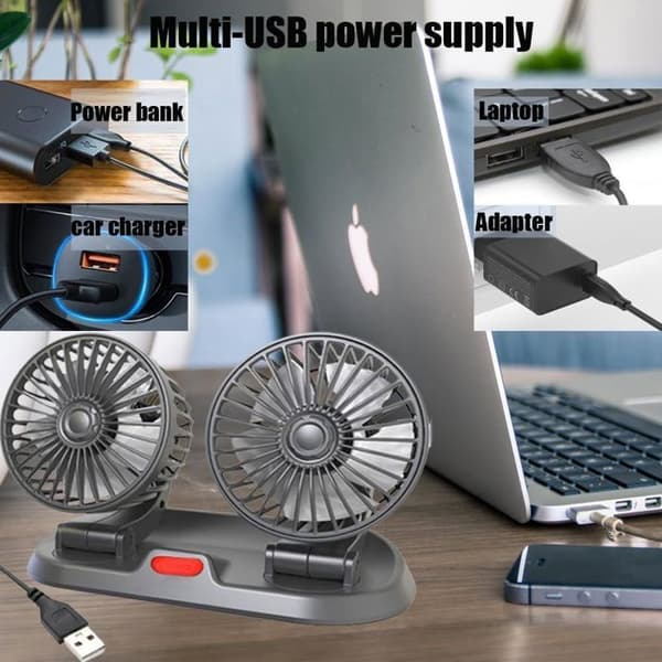 USB-5V Bilventilator, Mini 360° Roterende Bilventilator, Tre Ventilatorhastigheder, Dobbelt Hoved til SUV'er