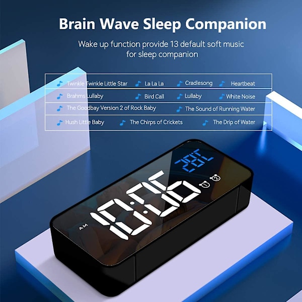 Digital väckarklocka med stor LED-temperaturdisplay, bärbar spegelalarm med dubbel alarm Snooze-tid 4 nivåer justerbar ljusstyrka dimmer 13 musik
