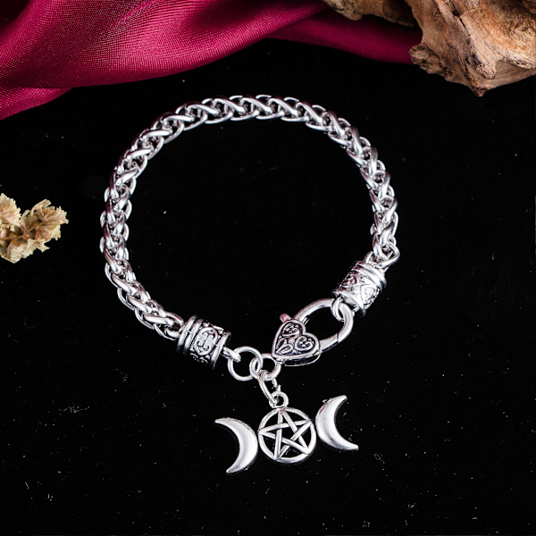 Kolminkertaiset Kuun Jumalatar Rannekorut Miehille Naisille Vintage Sydänlukko Vehnäketju Rannekoru Maaginen Pentagrammi Amuletti Noita Wicca Korut