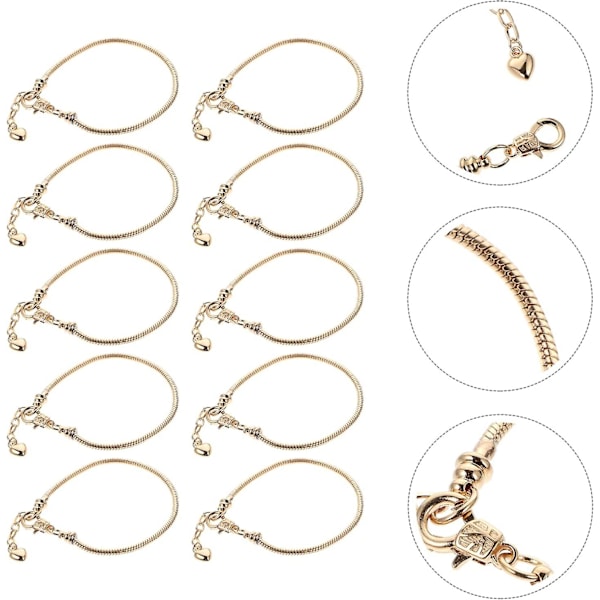 Pakke med 10 sølvfarvede slangekæde charmearmbånd i rustfrit stål, justerbart slider-armbånd med hjerte-hummerlåsforlænger, guld