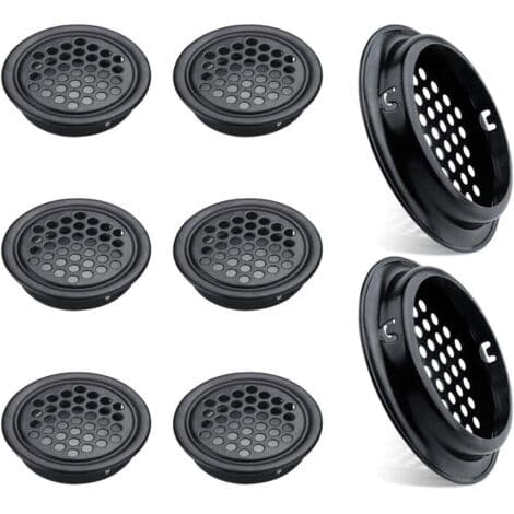 Sæt med 8 runde ventilationsgitre i rustfrit stål, 60 mm – Sort design – Hurtig installation til køkkenskabe – Effektiv ventilation