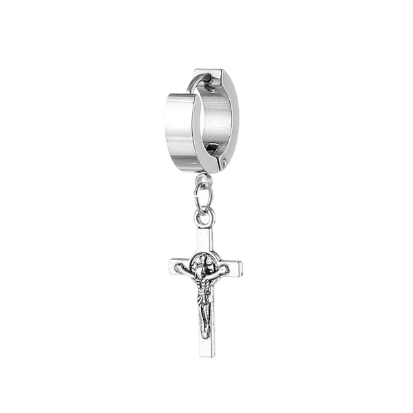 Piercing Earring Thick Ring with Jesus on Cross Silver