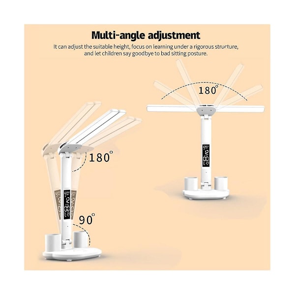 LED-skrivbordslampa USB-dimmbar, vikbar bordslampa med kalender, temperaturklocka och nattlampa