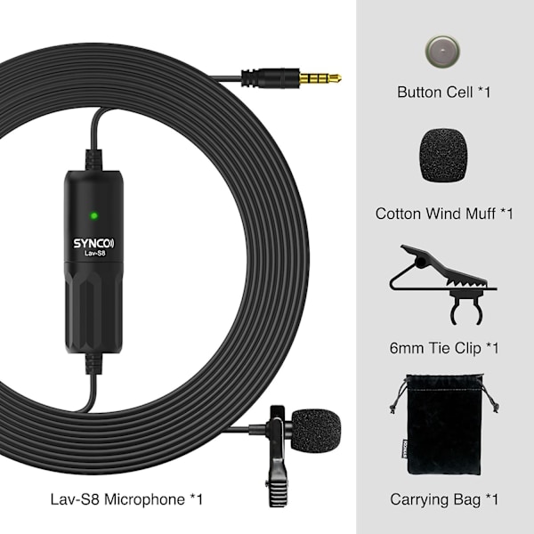 SYNCO Lav-S8 Professionel Lavalier Mikrofon Clip-on Omnidirektionel Reversmikrofon Støjreduktion Auto
