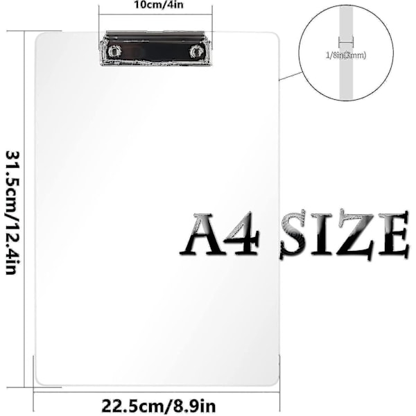 6 st A4 Clipboard - Kraftig Akryl Transparent Clipboard Klar Klämmbord Med Låg Profil