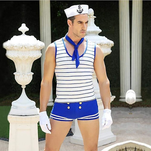 Sjömanskostym för män, festkostym, cosplay, rollspelsoutfit, underkläder (1 set) Blå 2025:e