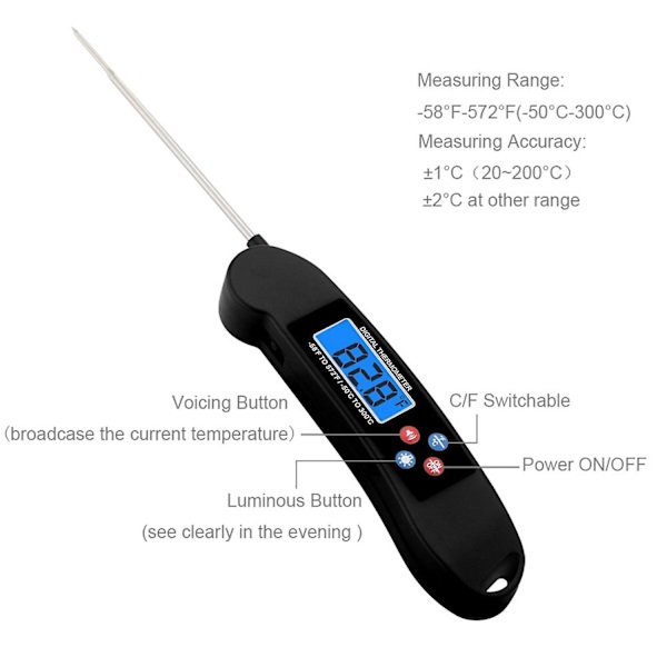 Talande Digital Kötttermometer Super Snabb Instant Läsning Termometer Med Bakgrundsbelyst Funktion Svart