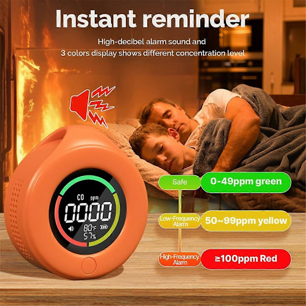 3-in-1 CO Hiilimonoksidi Monitori CO Lämpötila- ja Kosteusmittari CO Ilmanlaatumittari HD LED-näyttö Oranssi