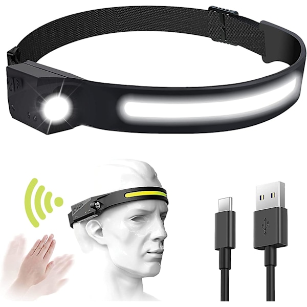 Led-huvudlampa USB-laddningsbar vattentät Cob Xpe-huvudlampor 5 modeller med löpning, camping, löpning, fotografering, barnläsning [energiklass A+]