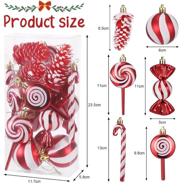 Christmas Decorations - 15 Piece Set - Red and White - Reusable - Christmas Baubles, Pine Cones, Candy Canes and Candy