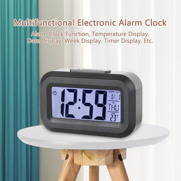 Small Digital Alarm Clock, Bedside Table with Large Display, Illuminated Temperature Calendar, Battery Powered Alarm Clock, Bedroom Desk (Black).