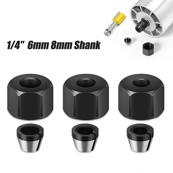 6/6,35/8mm Spännhylsa med Mutter Gravyr Fräsmaskin Router Bit Adapter Elektrisk Router Fräs Tillbehör 2024THO