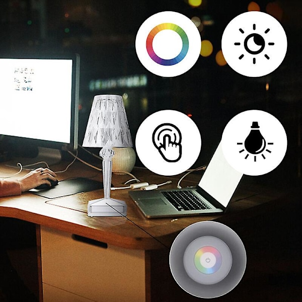 Krystall LED skrivebordslampe, berøringskontroll øyevern, klar akryl USB-lading skrivebordslampe for bar, soverom, bord, nattbord (tre farger justerbar)