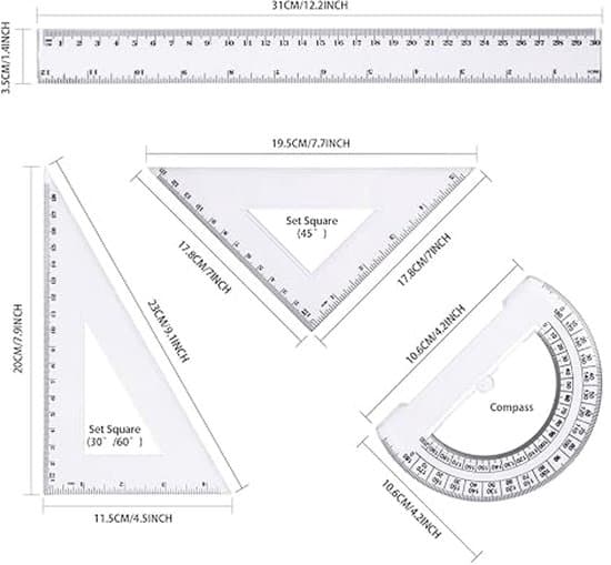 Versatile Ruler Set - Includes Straight Ruler, Set Square, Protractor, Isosceles Set Square - Precise Measuring Tools for School and Office