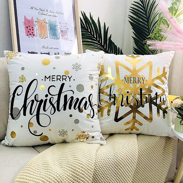 Jul kuddfodral, set med 4 gyllene snöflingor bomull dekorativt örngott 45 X 45 cm
