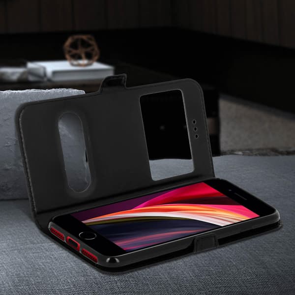 iPhone 7 / 8 / SE Cover Dobbelt Vindue Video Stand Sort