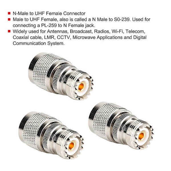 3kpl 50 ohmin N-uros - UHF-naarasliitin RF-koaksiaalinen adapteri antenneille ja radiolähetyksille