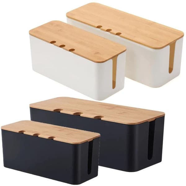 Cable Organizer - Cable Management - Cable Holder and Sleeve for TV Cables, Computer, and USB Hub - Bamboo Lid - Black - Cable Box | Cable Box Storage