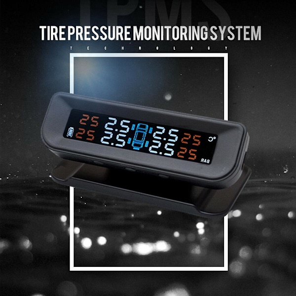 Solcellsdriven Trådlös USB TPMS Däcktrycksövervakningssystem HD LCD-Skärm 4 Externa Sensorer Däcktryck
