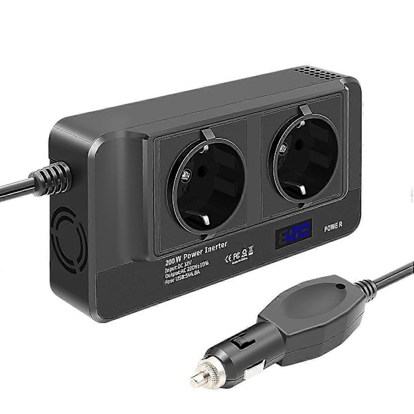 200W Bilinverter, Spenningsomformer 12V til 220V med Smart Tidsvisning LCD, 2 Stikkontakter og 4 USB Ca