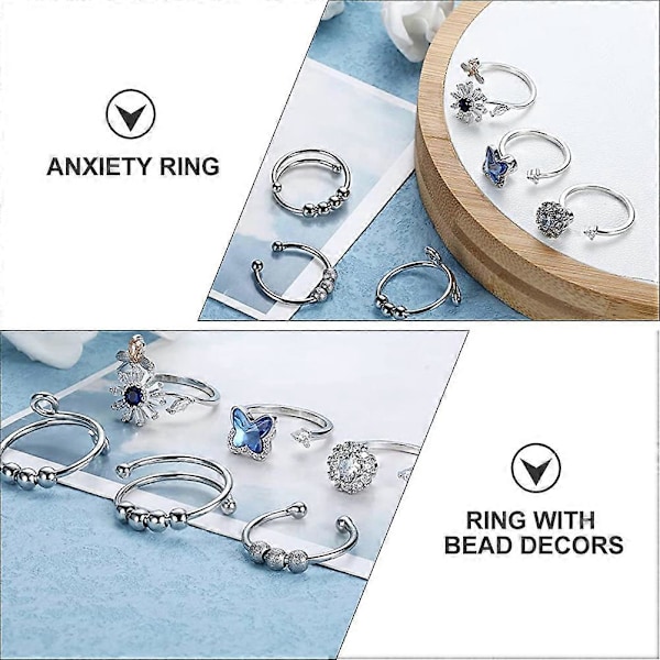 6 stk. Justerbare Ringer Kvinner Enkel Fidget Ring Bekymringsringer Reduser Stress Ring Fidget Ringer Kvinner Åpen Ring