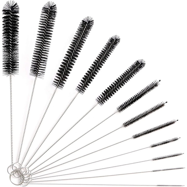 Flaskebørste, 12 stk. Lange Flaskerensebørster, Rørbørste, Kedeltudbørste, Sugerørsbørste, Nylon Flaskerenser Sæt (Sort)