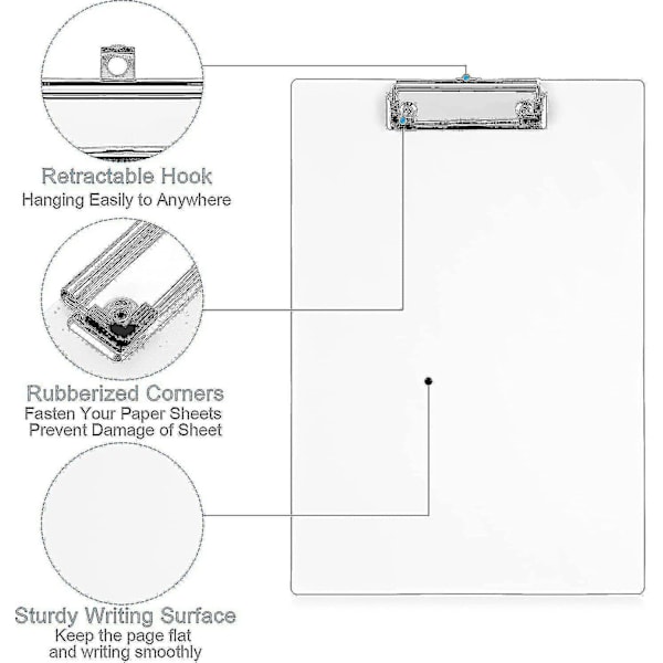 6 st A4 Clipboard - Kraftig Akryl Transparent Clipboard Klar Klämmbord Med Låg Profil