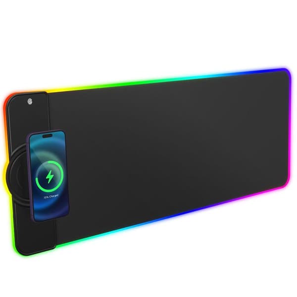 Oppladbar RGB Gaming Musematte - Trådløs 15W Musematte, Ekstra Stor LED Musematte 80*30cm, 10 Lysmoduser, Spilltilbehør
