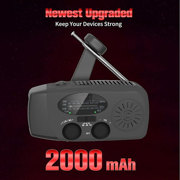 Nödradio med vev, bärbar solradio med AM/FM med 2000 mAh laddningsbar powerbank, SOS-larm, LED-ficklampa, dynamoradio, USB-mobil