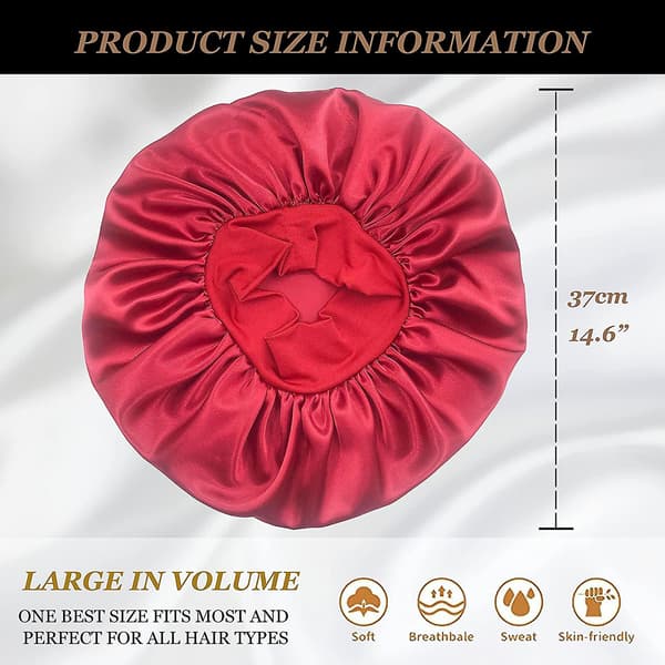 2 stk. Stor Satin Bonnet, Silke Bonnet Hårindpakning til Sovning, Sovehætte med Elastisk Blødt Bånd (sort, vinrød)