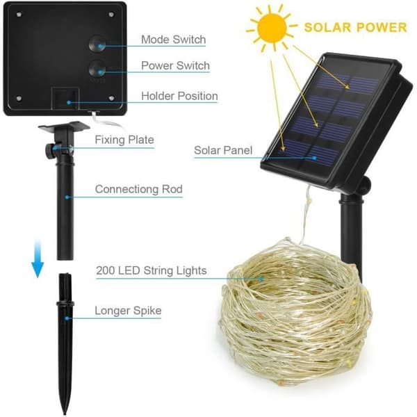Solcellelysslynge - Hagedekorasjon - 200 LED-lys - 8 lysmoduser - 20 meter - IP65 vanntett - Flerfarget