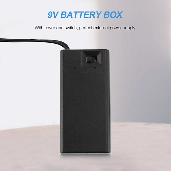 Batterihållare för 9V PP3-batteri med sladd, strömbrytare, lock och 2,1 mm-kontakt