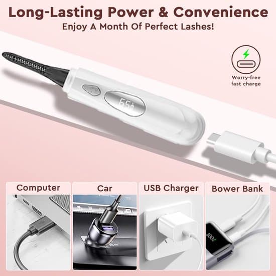 Electric Heated Eyelash Curler with LED Temperature Display, 2 Heat Settings and Protective Cap - Rechargeable, Compact and Long-lasting Curl (White)