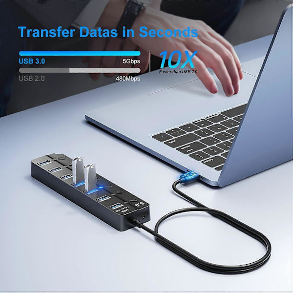 7 Porte USB Hub Splitter Multi Hub USB 3.0 Adapter USB Flere Porte Strømadapter med Kontakter an