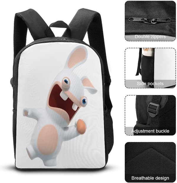 Raving Rabbids Ryggsäck Barn Bokväskor Set, 3D-tryckta Reseryggsäckar Barn Skolväska 17 tum