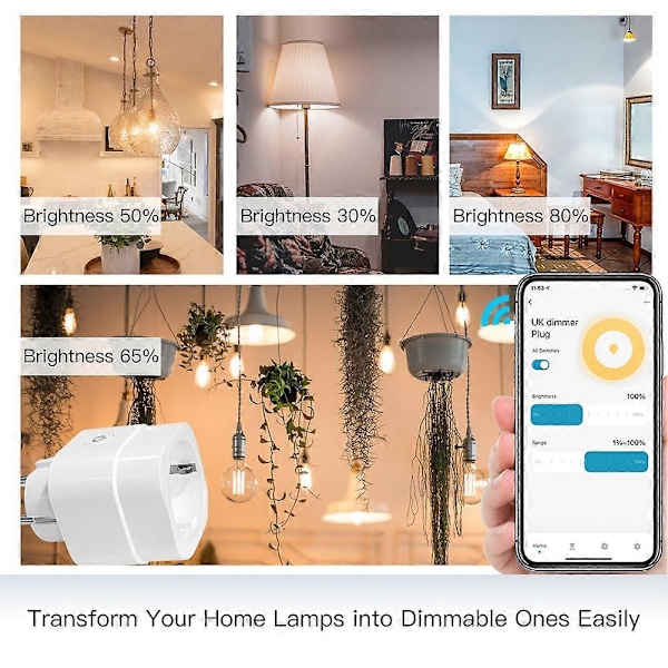 WiFi Smart Sokkel med Lysstyrkejustering for Tuya Smart Life App, Stemmestyring via Assistent, EU-kontakt
