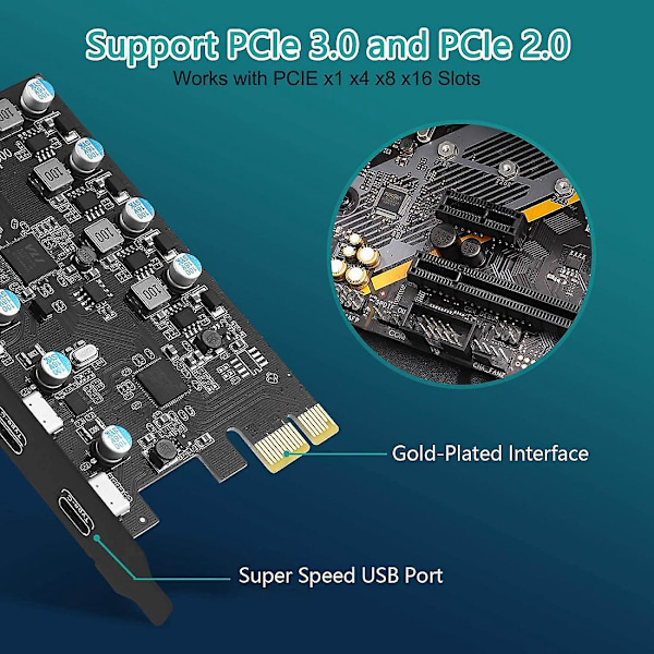 PCIe-laajennuskortti 5 porttiin (3X USB C, 2X USB 3.0-A) PCI-laajennuskortti /8/7 ja OS 10.8.2 -käyttöjärjestelmille