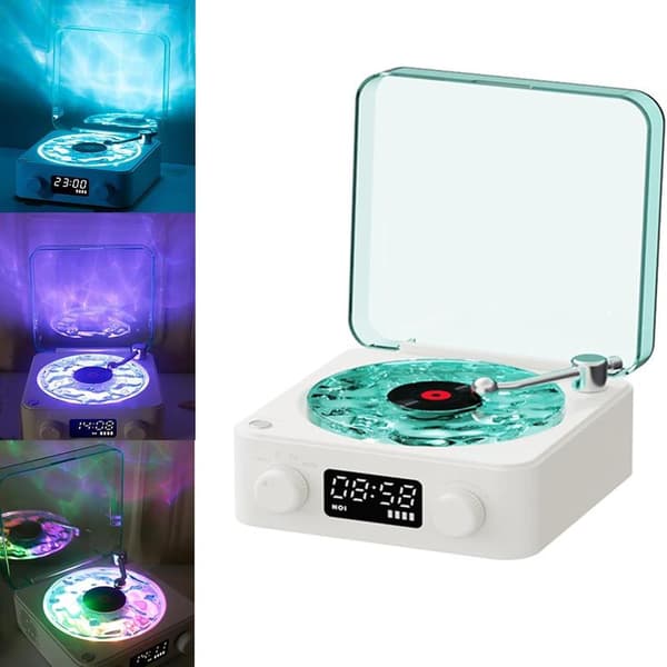 Turntable, Waves Bluetooth Speaker, Portable Vintage Vinyl Speaker with Adjustable Light and Time Display for Bedrooms and Parties, White