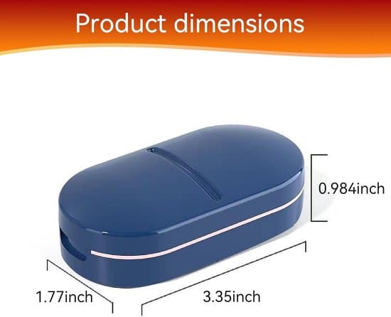 Pill splitter, V-shaped design for various pill sizes, precise cutting, compact with storage compartment, blue