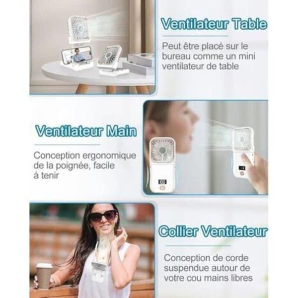 Mini bærbar ventilator genopladelig via USB. Kompakt og foldbar lommeventilator med LED-display.