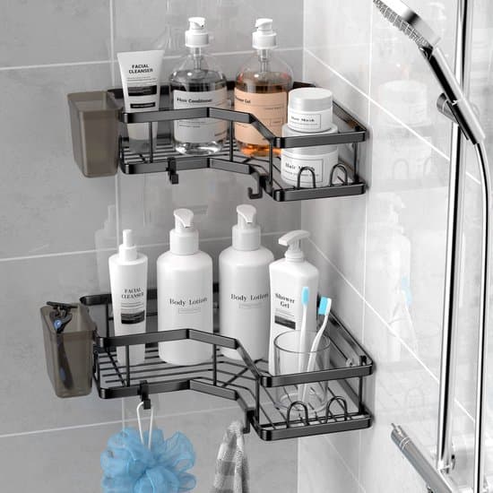 Self-adhesive shower shelf corner shelf for bathroom organization - stainless steel - 2 pieces - black - 4 hooks - toothpaste holder