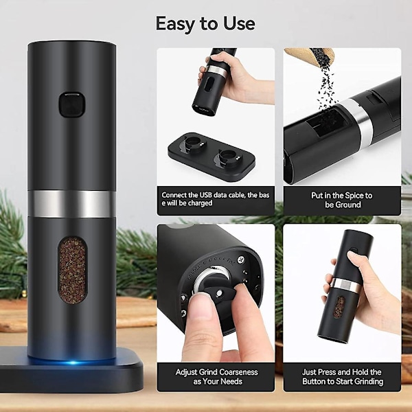 Elektrisk Automatisk Salt- og Peberkværn Sæt med Genopladelig Base 2 Justerbare Grovheder Porta