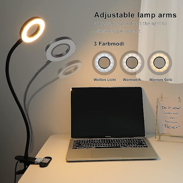 360 Fleksibel LED Clip Lampe - 3 Tilstande & 10 Dæmpningsniveauer - Til Sengegavle, Soveværelser, Kontorer - 12w - Med CE Adapter - Sort