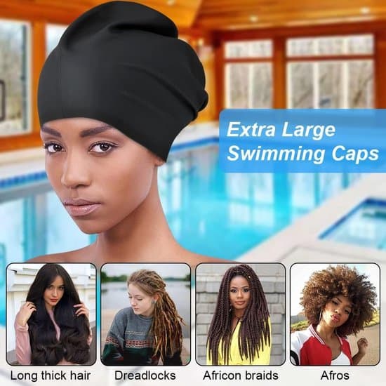 Ekstra stor badehætte til langt hår, unisex vandtæt silikone badehætte til tykt, krøllet, dreadlocks, sort.