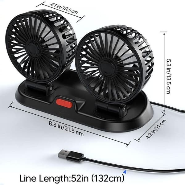 USB-5V Bilventilator, Mini 360° Roterende Bilventilator, Tre Ventilatorhastigheder, Dobbelt Hoved til SUV'er
