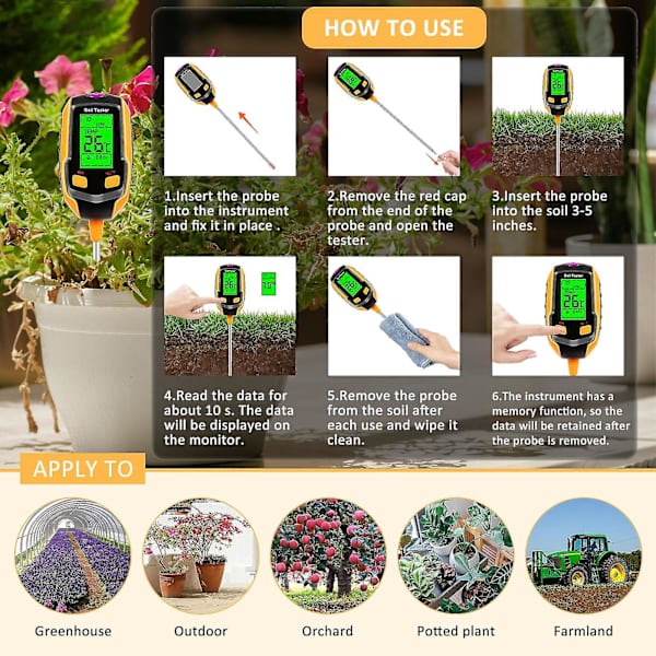 4-in-1 Maan Kosteusmittari Digitaalinen Kasvien Lämpötila/maan Kosteus/ph-mittari/auringonvalointensiteetti/ympäristön Kosteus Taustavalaistu Lcd-näyttö Maan Testi Minä