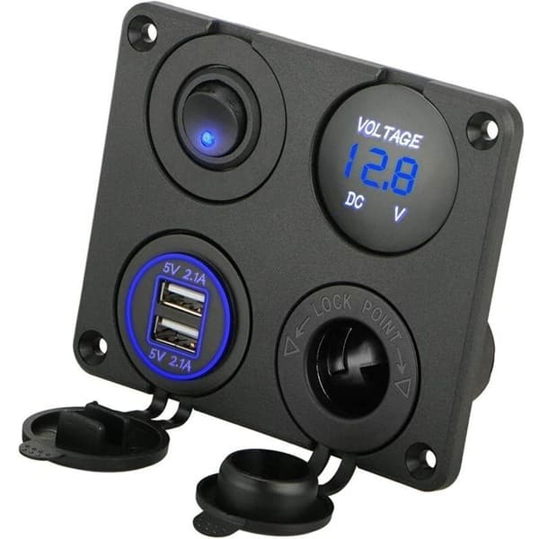 4-i-1 Laddaruttagspanel, 12V 4.2A Dubbel USB-laddaruttag Strömuttag & LED Voltmeter - Blå