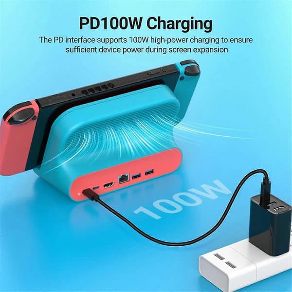 6-i-1 Dockingstasjon for Switch USB-C Spillhub med USB2.0x2+RJ45 100M+PD 100W+Kjølevifte for Switch/OLED Pad